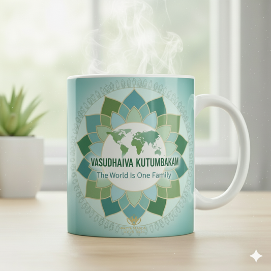 Mug with world map design and 'Vasudhaiva Kutumbakam' text on a light background