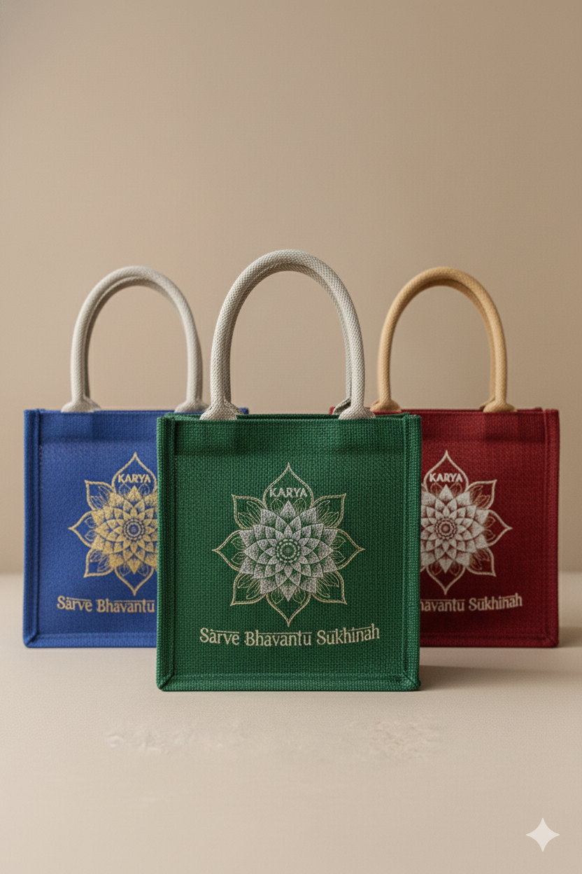 Jute Tote Bags, Sarve Bhavantu Sukhinah  – Set of 3
