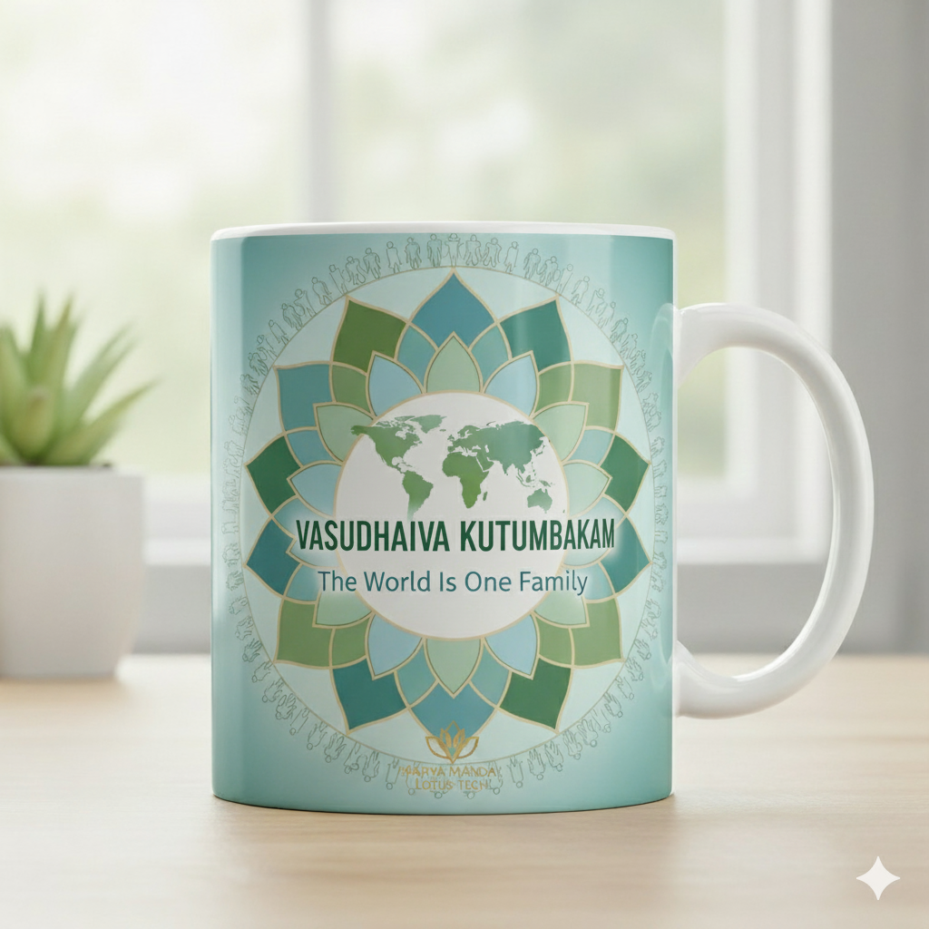 “Premium Vasudhaiva Kutumbhakam mug with golden mandala design by Karya Mandal”