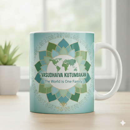 “Premium Vasudhaiva Kutumbhakam mug with golden mandala design by Karya Mandal”