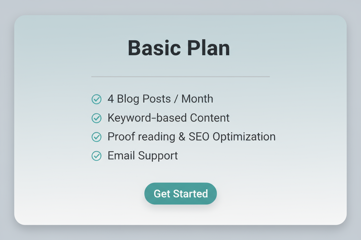 Basic Plan -
4 Blog Posts / Month
Keyword-based Content
Proof reading & SEO Optimization
Email Support