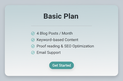 Basic Plan -
4 Blog Posts / Month
Keyword-based Content
Proof reading & SEO Optimization
Email Support