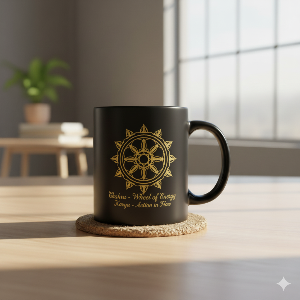 black ceramic mug chakra wheel of energy golden mandala

spiritual coffee mug karya action in flow

chakra mug for meditation yoga mindfulness

premium black mug with gold design karya mandal