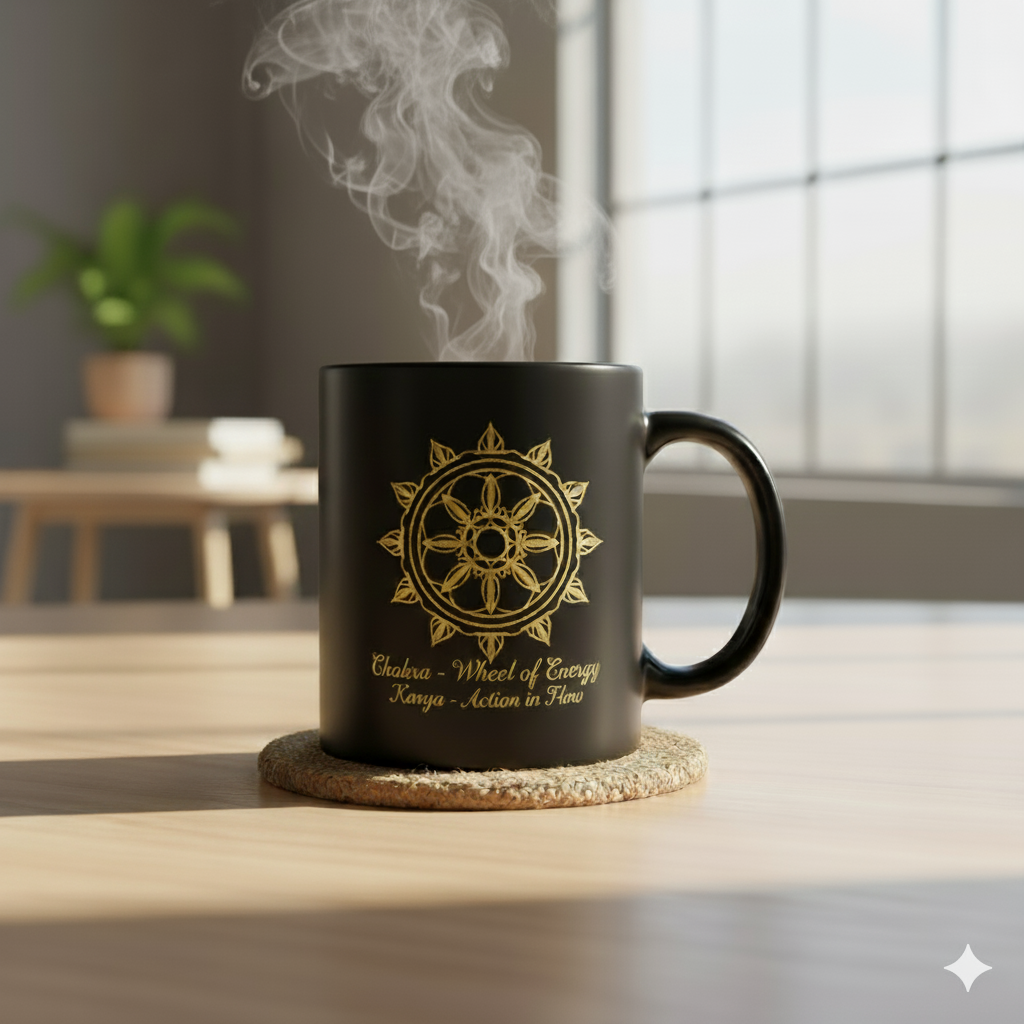 black ceramic mug chakra wheel of energy golden mandala

spiritual coffee mug karya action in flow

chakra mug for meditation yoga mindfulness

premium black mug with gold design karya mandal