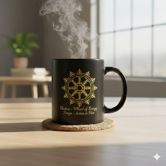 black ceramic mug chakra wheel of energy golden mandala

spiritual coffee mug karya action in flow

chakra mug for meditation yoga mindfulness

premium black mug with gold design karya mandal