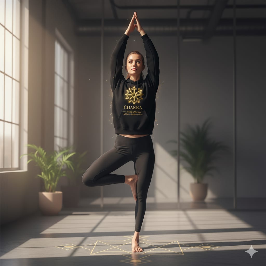 black hoodie karya chakra wheel of energy front view

yoga hoodie chakra mandala print unisex

spiritual streetwear hoodie women yoga pose

cotton fleece hoodie black 320 gsm karya