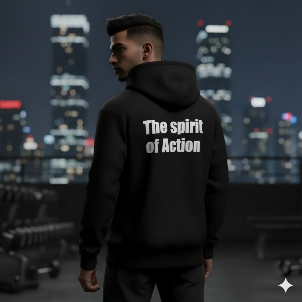 black hoodie karya minimalist logo front

the spirit of action hoodie back print karya

unisex cotton fleece hoodie black minimal design

premium 320 gsm hoodie karya streetwear