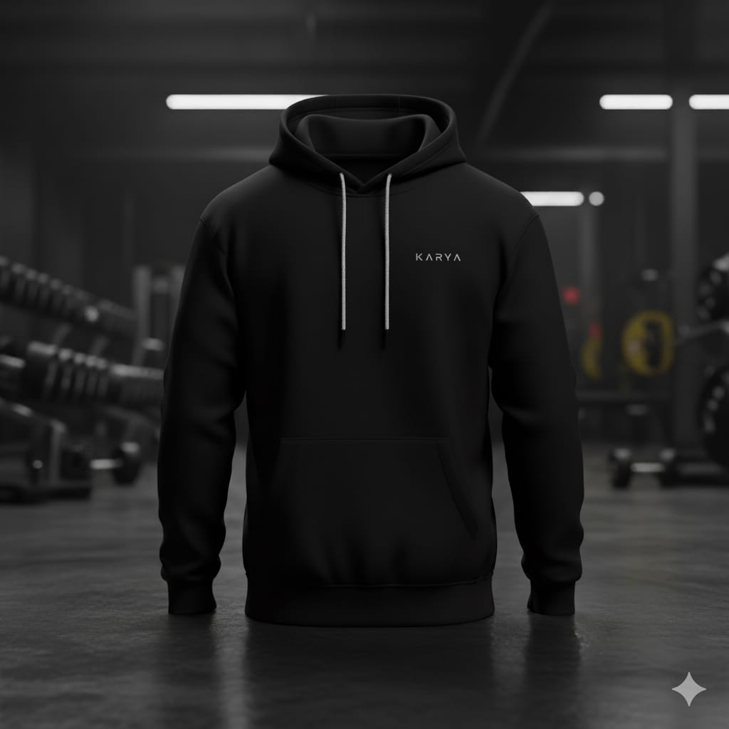 black hoodie karya minimalist logo front

the spirit of action hoodie back print karya

unisex cotton fleece hoodie black minimal design

premium 320 gsm hoodie karya streetwear