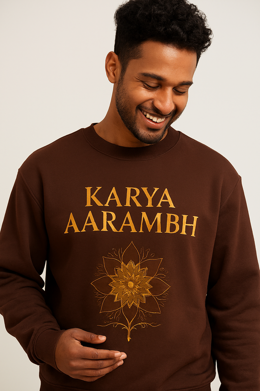 brown sweatshirt karya arambh series front print

unisex cotton fleece sweatshirt brown gold mandala

spiritual streetwear sweatshirt karya mandal

320 gsm cotton loopknit sweatshirt men women brown